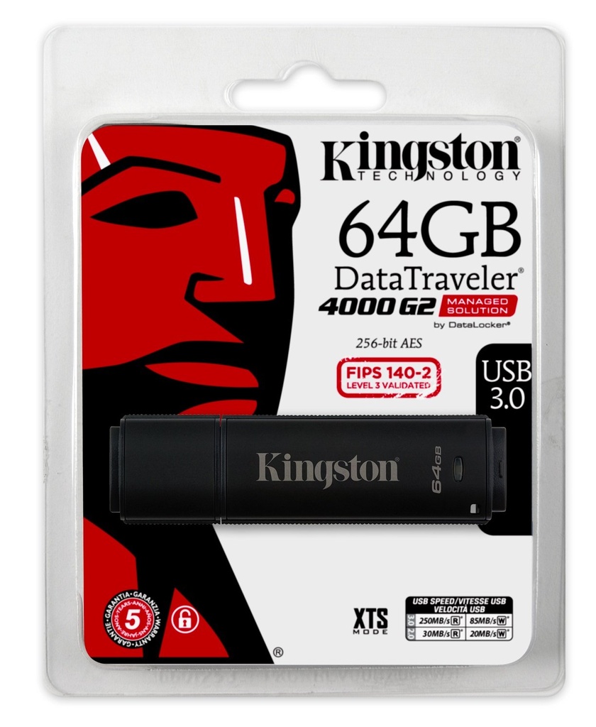 Kingston 64GB USB 3.0 DT4000 G2 256 AES FIPS 140-2 Level 3