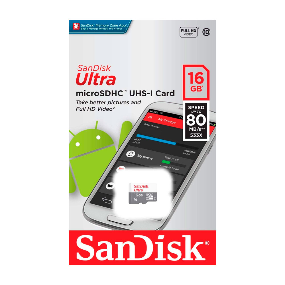 Memoria Flash SanDisk Ultra, 16GB MicroSDHC UHS-I Clase 10, con Adaptador