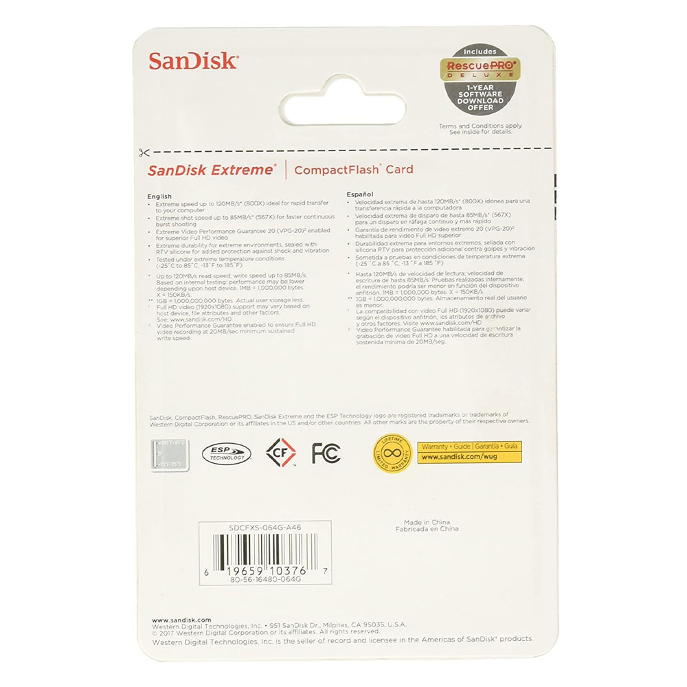 SanDisk Extreme - Tarjeta de Memoria (64 GB, SDCFXS-064G-A46)